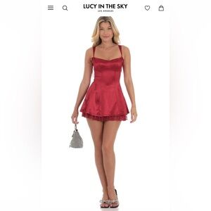 Lucy in the Sky Double Bows Satin Lace Ruffle Dress in Red